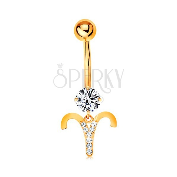 Bellybutton piercing made of yellow 585 gold - clear zircon, symbol of zodiac sign - ARIES