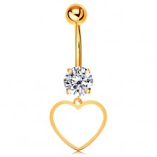 14K gold piercing for belly - clear zircon, thin contour of symmetric heart