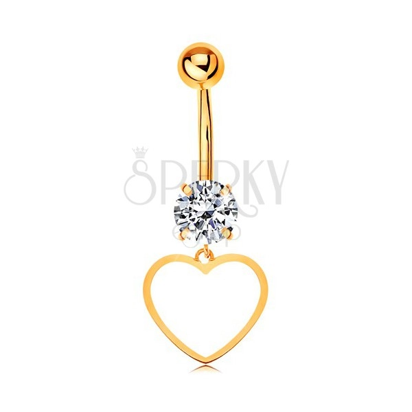 14K gold piercing for belly - clear zircon, thin contour of symmetric heart