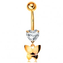 585 gold bellybutton piercing - clear cut heart, dangling shiny butterfly