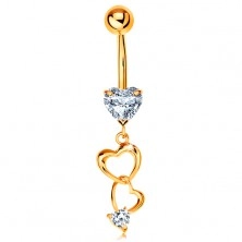 585 gold bellybutton piercing - heart contours and clear zircon hearts