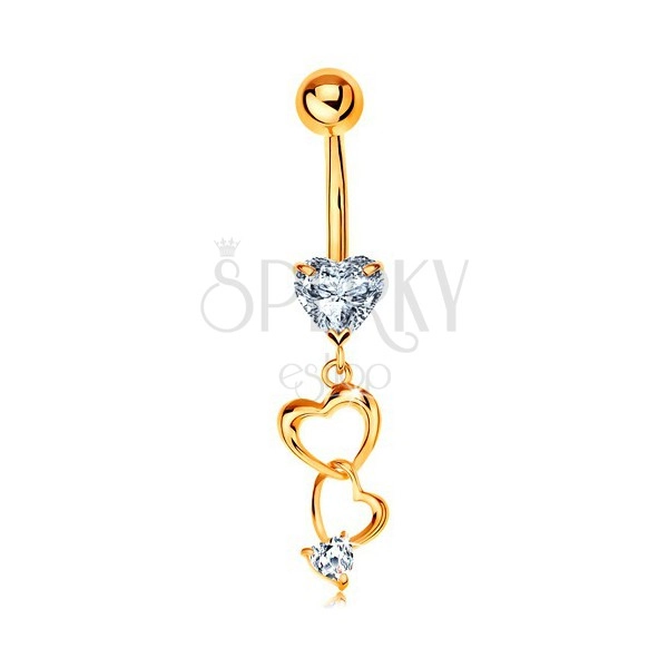 585 gold bellybutton piercing - heart contours and clear zircon hearts
