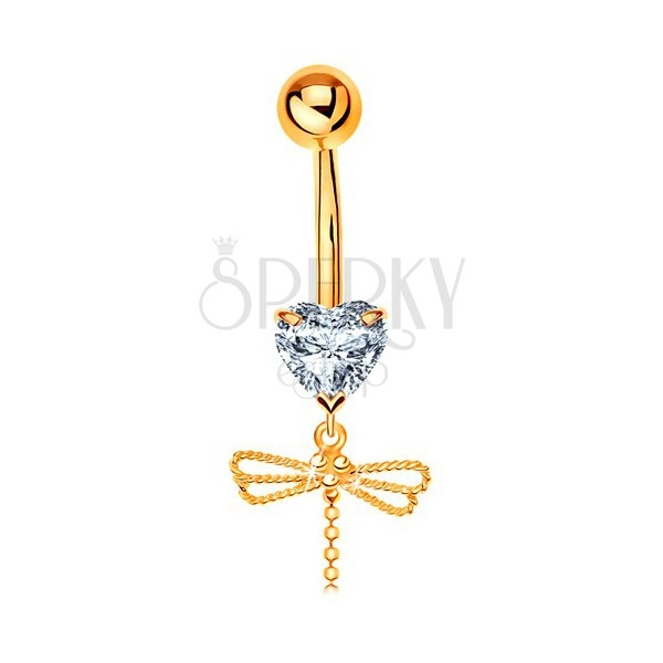 585 gold bellybutton piercing - clear heart, hanging dragonfly with moveable tail