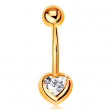 Bellybutton piercing made of yellow 14K gold - banana with ball, clear zircon heart