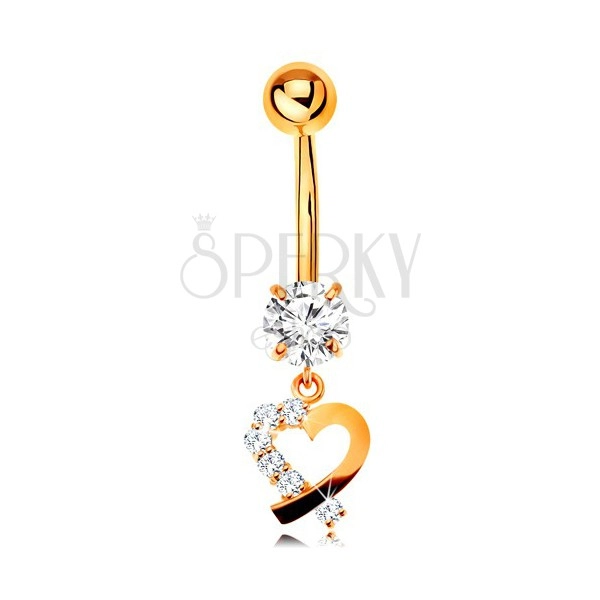 14K gold bellybutton piercing - heart contour with clear zircon half