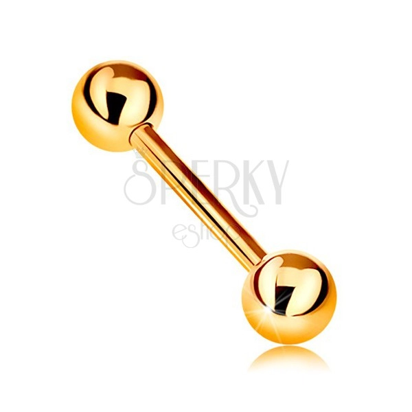 14K gold piercing - shiny barbell with two shiny balls, yellow gold, 12 mm