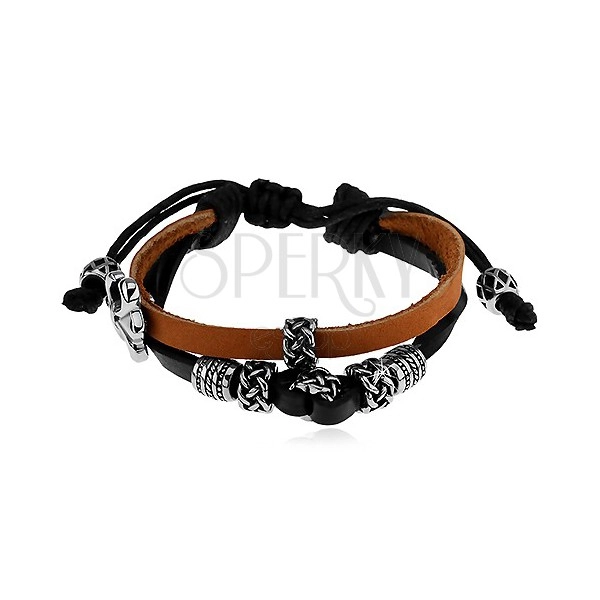 Bracelet made of artificial leather in brown and black colour, steel beads, Fleur de Lis
