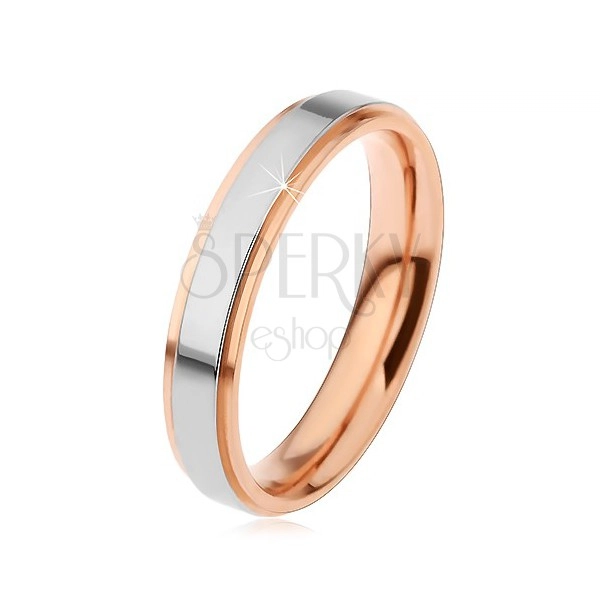 Shiny steel wedding ring, raised strip in silver colour and copper borders, 4 mm