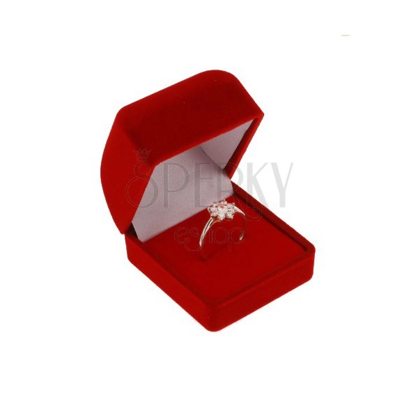 Velvet box for ring or earrings, red colour, bevelled top part