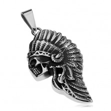 Steel pendant in silver colour, skull with Indian headband, black patina