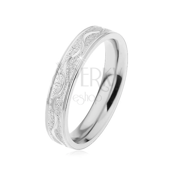 Steel ring in silver colour, sanded strip with shiny wave, 4 mm