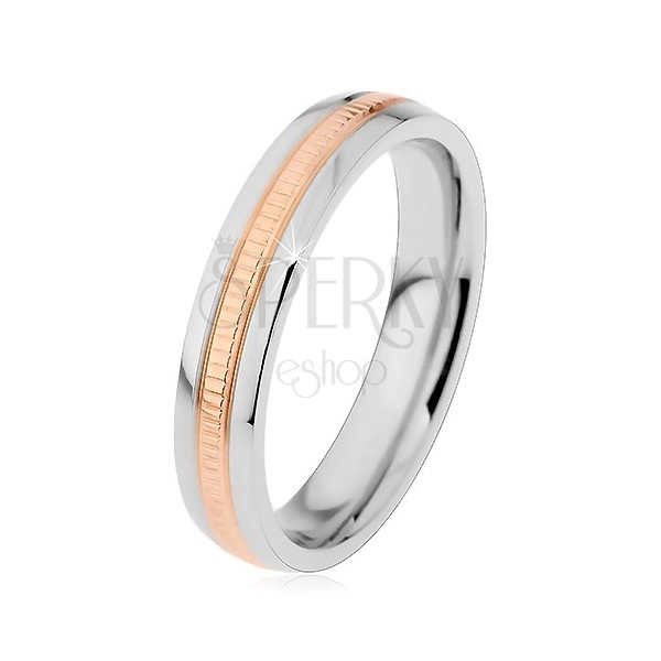 Bicoloured ring made of 316L steel, notched line, smooth borders, 4 mm