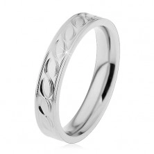 Steel ring in silver hue, engraved motif of waves, 4 mm
