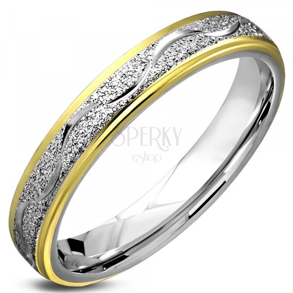 Ring made of surgical steel, sanded strip with shiny wave, borders in gold colour, 4 mm