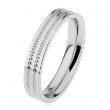 Shiny ring made of 316L steel in silver colour, two lengthwise notches, 4 mm