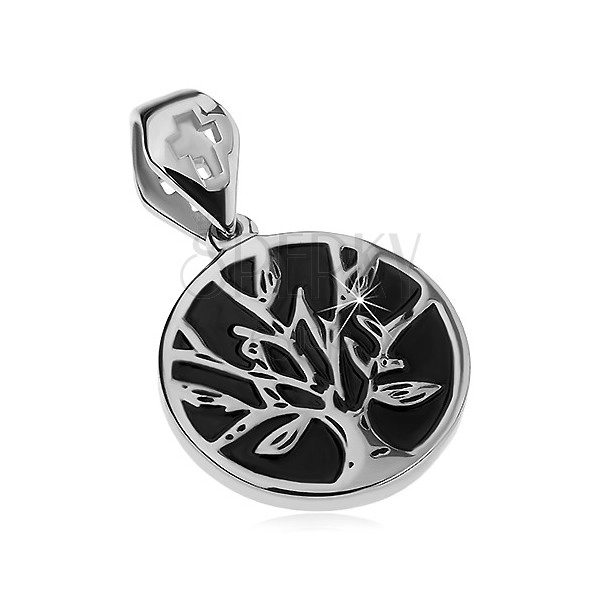 Steel pendant in silver colour, black circle with tree of life, cutout cross