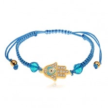Adjustable bracelet for wrist made of blue strings, Hamsa symbol, clear zircons
