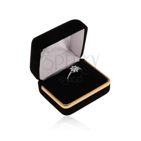 Black box for ring, smooth velvet surface, strip in gold hue
