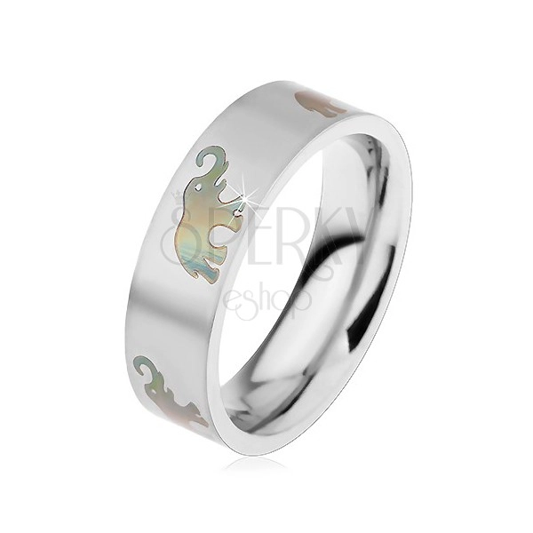 Steel ring with matt surface and motif of elephants, 6 mm
