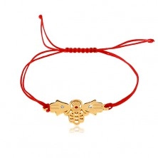 String bracelet in red hue, three connected hands of Fatima, clear zircons