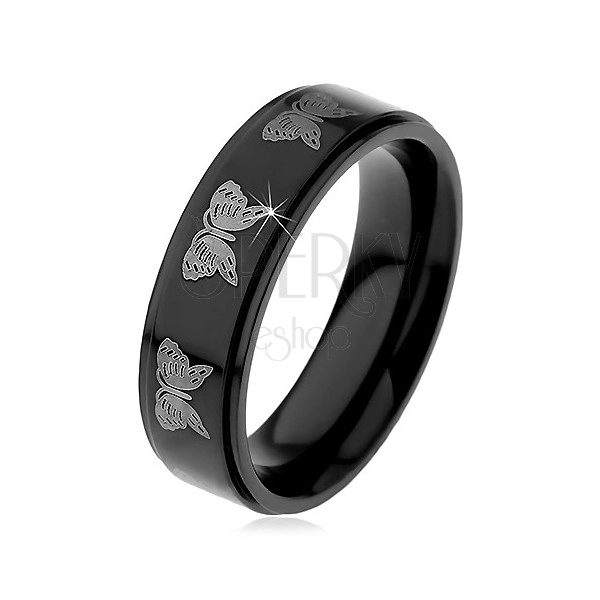 Black steel ring, imprint of butterflies in silver colour, 6 mm