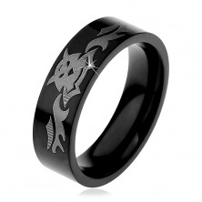 Steel ring, shiny black surface with motif of bats, 6 mm