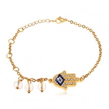 Bracelet made of surgical steel, gold hue, blue-clear Hamsa hand, clear beads