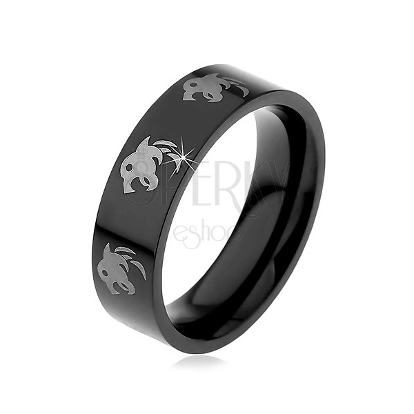 Black steel ring, imprint of wolves in silver colour, 6 mm