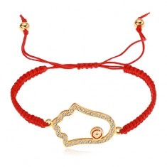 Braided adjustable bracelet in red colour, Hamsa symbol, clear zircons