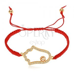 Braided adjustable bracelet in red colour, Hamsa symbol, clear zircons