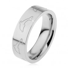 Ring made of 316L steel, shiny mirror-like surface, contours of dolphins, 6 mm