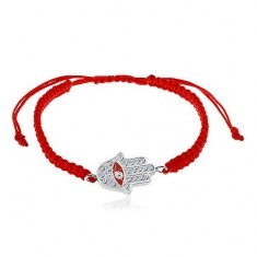 String bracelet in red colour, Fatima's hand, clear zircons, eye