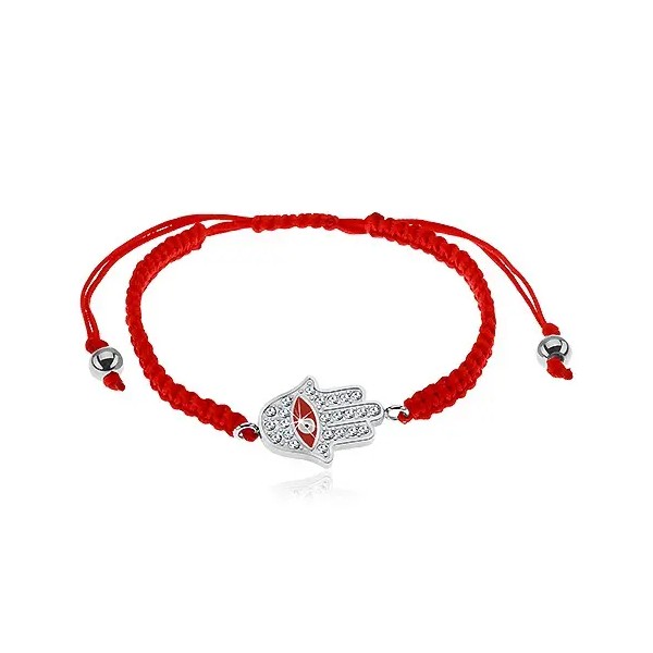 String bracelet in red colour, Fatima's hand, clear zircons, eye