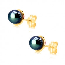 585 gold earrings - small shiny circle with blue round pearl, studs