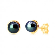 585 gold earrings - small shiny circle with blue round pearl, studs