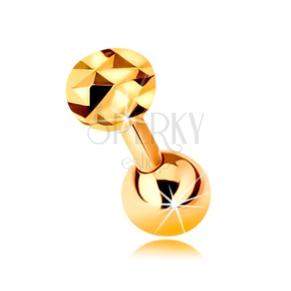 9K gold ear piercing - shiny straight barbell with ball and glistening circle, 5 mm