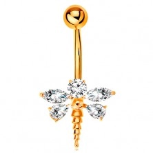 Bellybutton piercing made of yellow 14K gold - dragonfly with zircon wings in clear colour