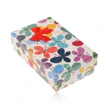 Coloured box for set or chain, pattern of butterflies with ornaments, bow