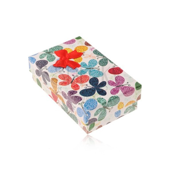 Coloured box for set or chain, pattern of butterflies with ornaments, bow