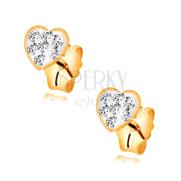 Stud earrings made of yellow 14K gold - heart inlaid with Swarovski crystals