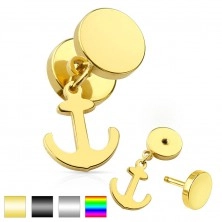 Fake ear plug made of surgical steel, shiny circles, dangling anchor