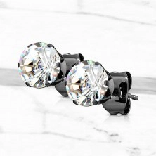 Earrings made of 316L steel in black colour with clear zircon in mount, studs