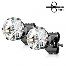Earrings made of 316L steel in black colour with clear zircon in mount, studs