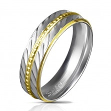 Bicoloured wedding ring made of 316L steel, two narrow strips with diagonal notches, 6 mm