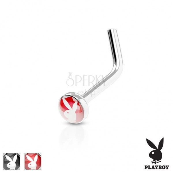 Bent nose piercing, 316L steel, coloured circle with Playboy bunny
