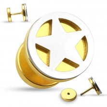 Fake steel ear plug - cutout star in circle in silver colour