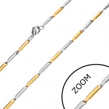 Steel chain, elongated rollers in gold and silver colour, 3 mm