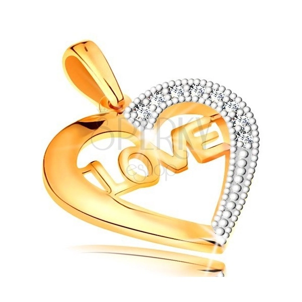 Pendant made of 14K gold - heart contour with inscription in the middle and zircons