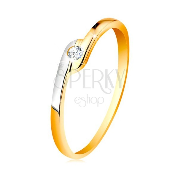 Ring made of 14K gold - round clear zircon, bicoloured elongated ends of shoulders