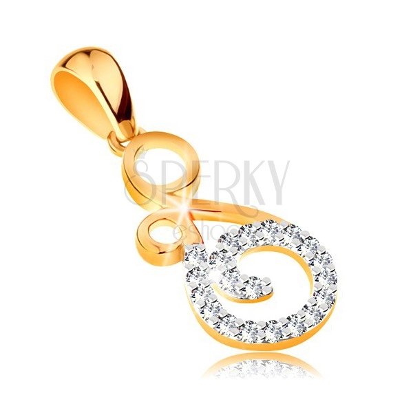 Pendant made of 14K gold - ornament with twisted line composed of clear zircons
